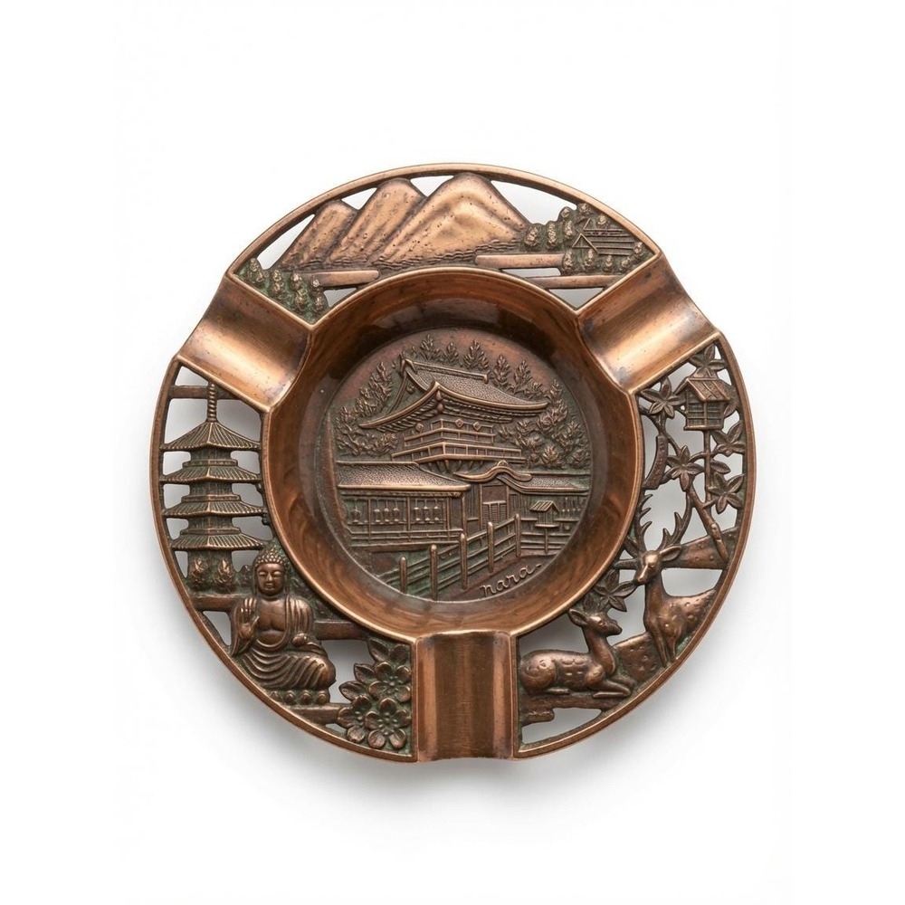 Vintage Nara Japan Copper Ashtray | Pierced Deer Temple Buddha Pagoda